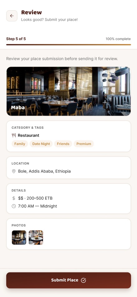 Add a place flow, final review step