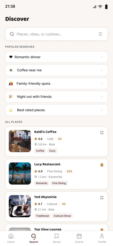 Placeopia search screen with popular searches and nearby places